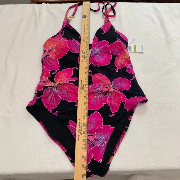 Trina Turk fleury pink black hibiscus flower one piece swimsuit size 14 new - Picture 7 of 14